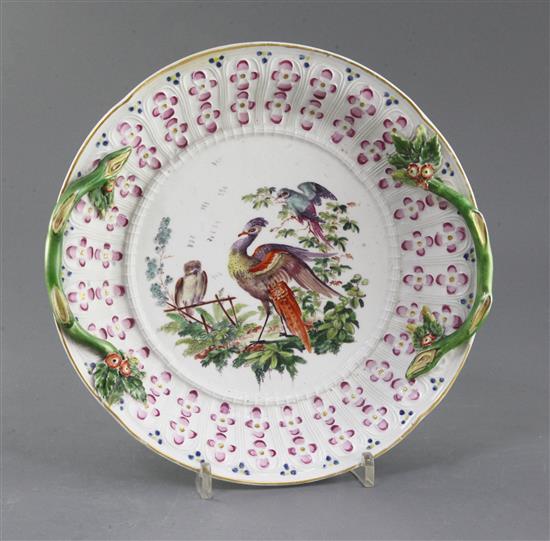 A rare Derby circular chestnut basket stand, c.1758, w. 25.5cm, slight restoration